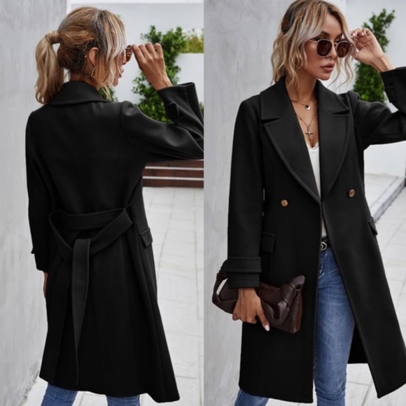 Trench Coat Double Breast Buttons belt pea coat - Picture 7 of 16